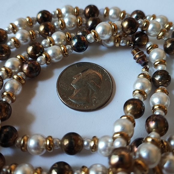 Faux Pearl Cocoa Brown Long Vintage Necklace Gold Tone Barrel Clasp - Picture 4 of 10